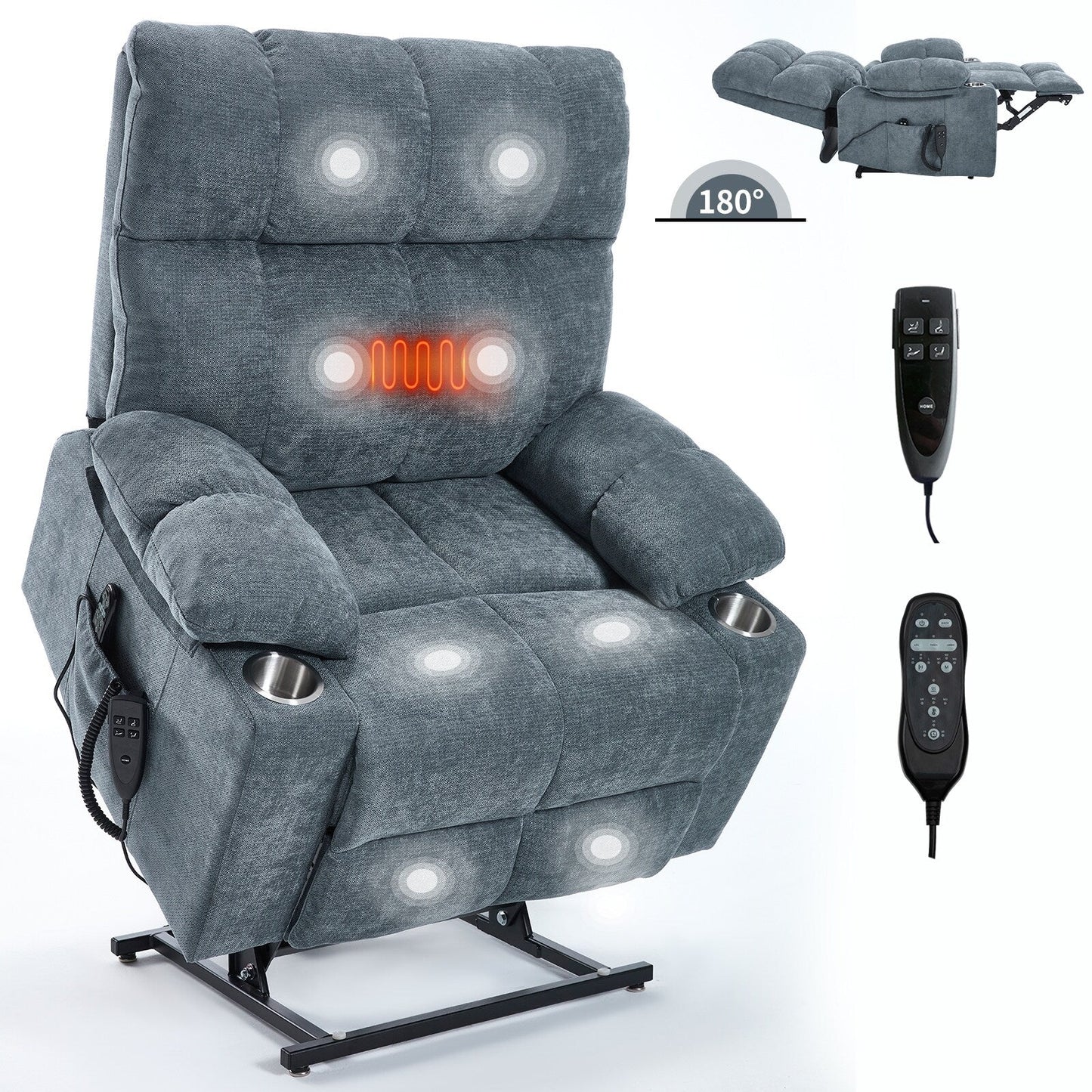 Fauteuil inclinable électrique Lazy Boy à double moteur en chenille avec fonction massage et chauffage lombaire, deux porte-gobelets, gris-bleu