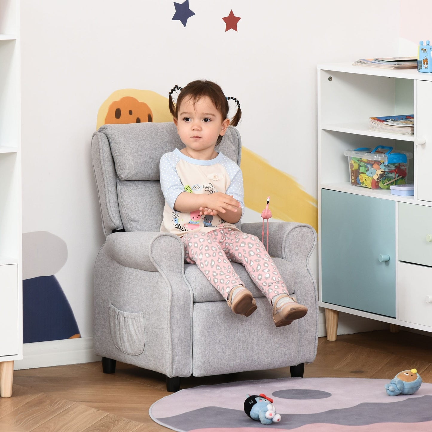 Fauteuil inclinable manuel rembourré gris clair pour enfants de 3 à 5 ans, avec repose-pieds et 2 poches latérales
