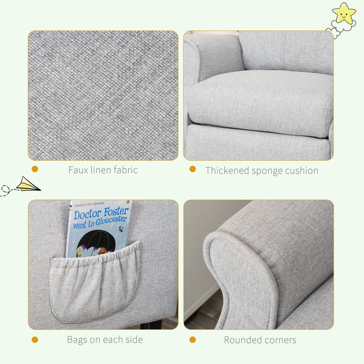 Fauteuil inclinable manuel rembourré gris clair pour enfants de 3 à 5 ans, avec repose-pieds et 2 poches latérales