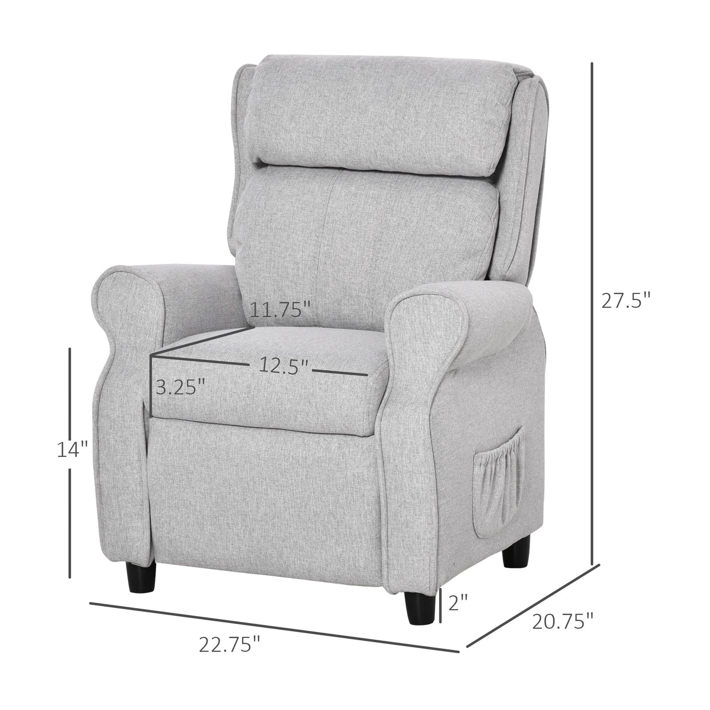 Fauteuil inclinable manuel rembourré gris clair pour enfants de 3 à 5 ans, avec repose-pieds et 2 poches latérales
