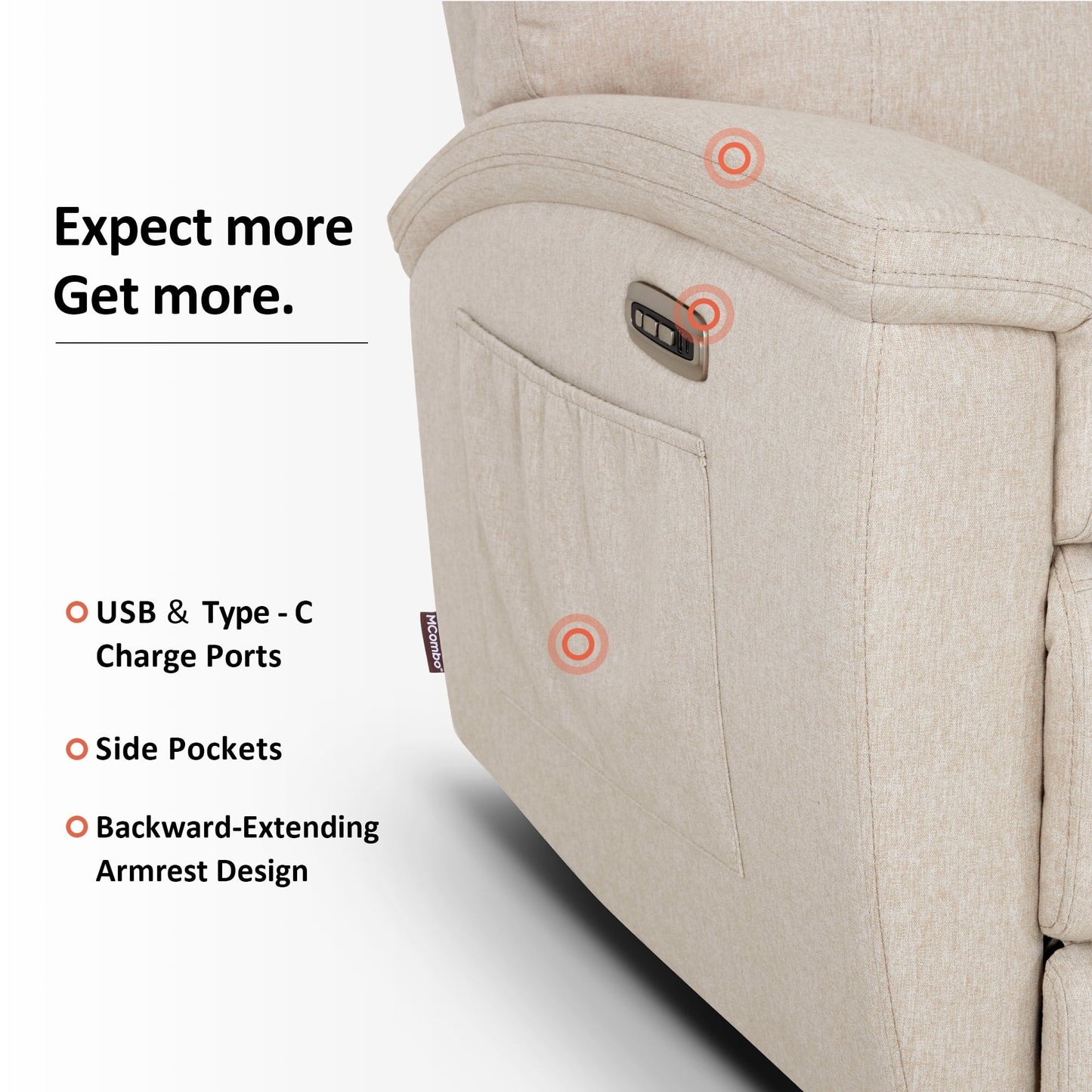 Canapé inclinable électrique MCombo 60.2 avec fonction massage et chauffage double, appui-tête réglable, ports USB et Type C, revêtement en tissu