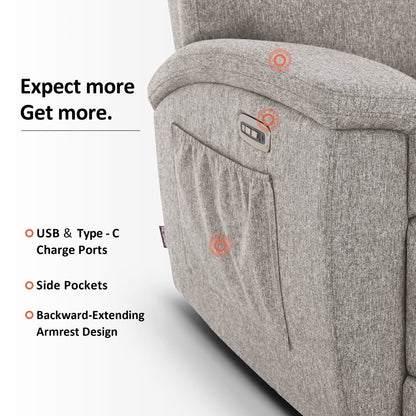 Canapé inclinable électrique MCombo 60.2 avec fonction massage et chauffage double, appui-tête réglable, ports USB et Type C, revêtement en tissu