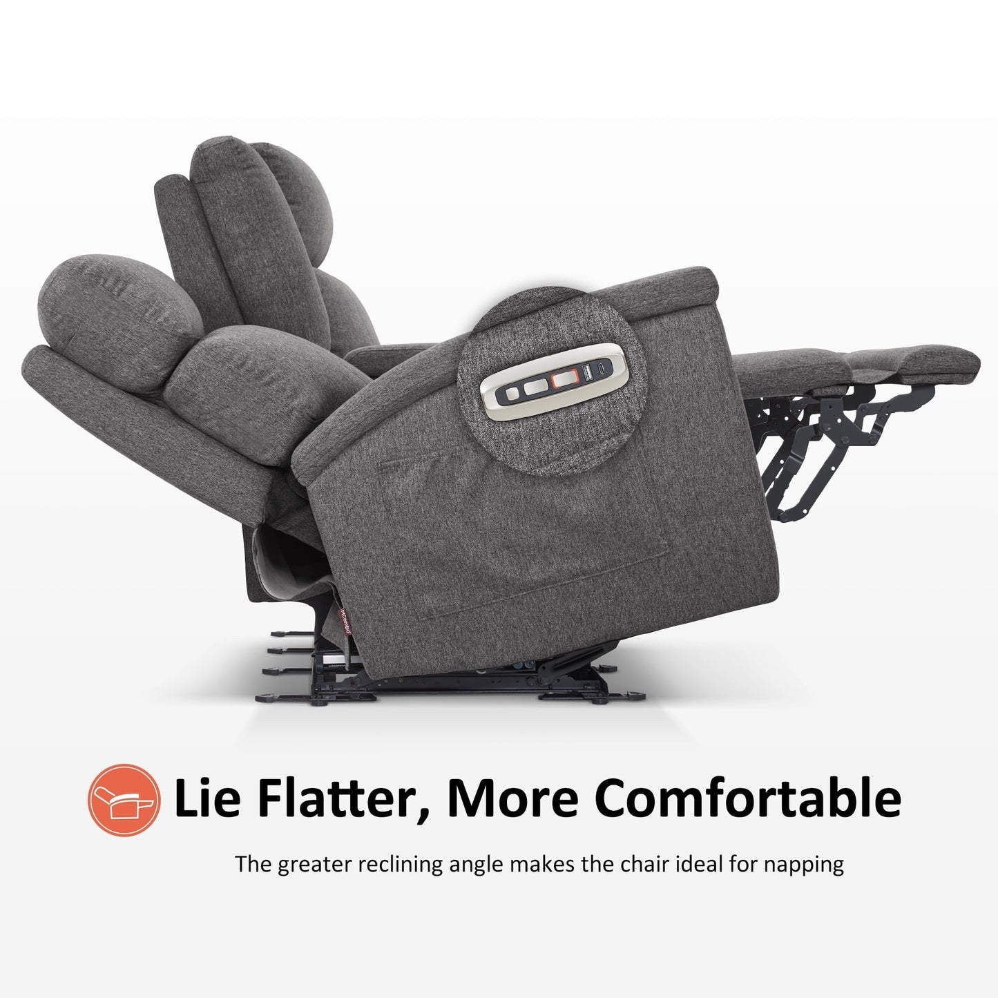 Canapé inclinable électrique MCombo 60.2 avec fonction massage et chauffage double, appui-tête réglable, ports USB et Type C, revêtement en tissu