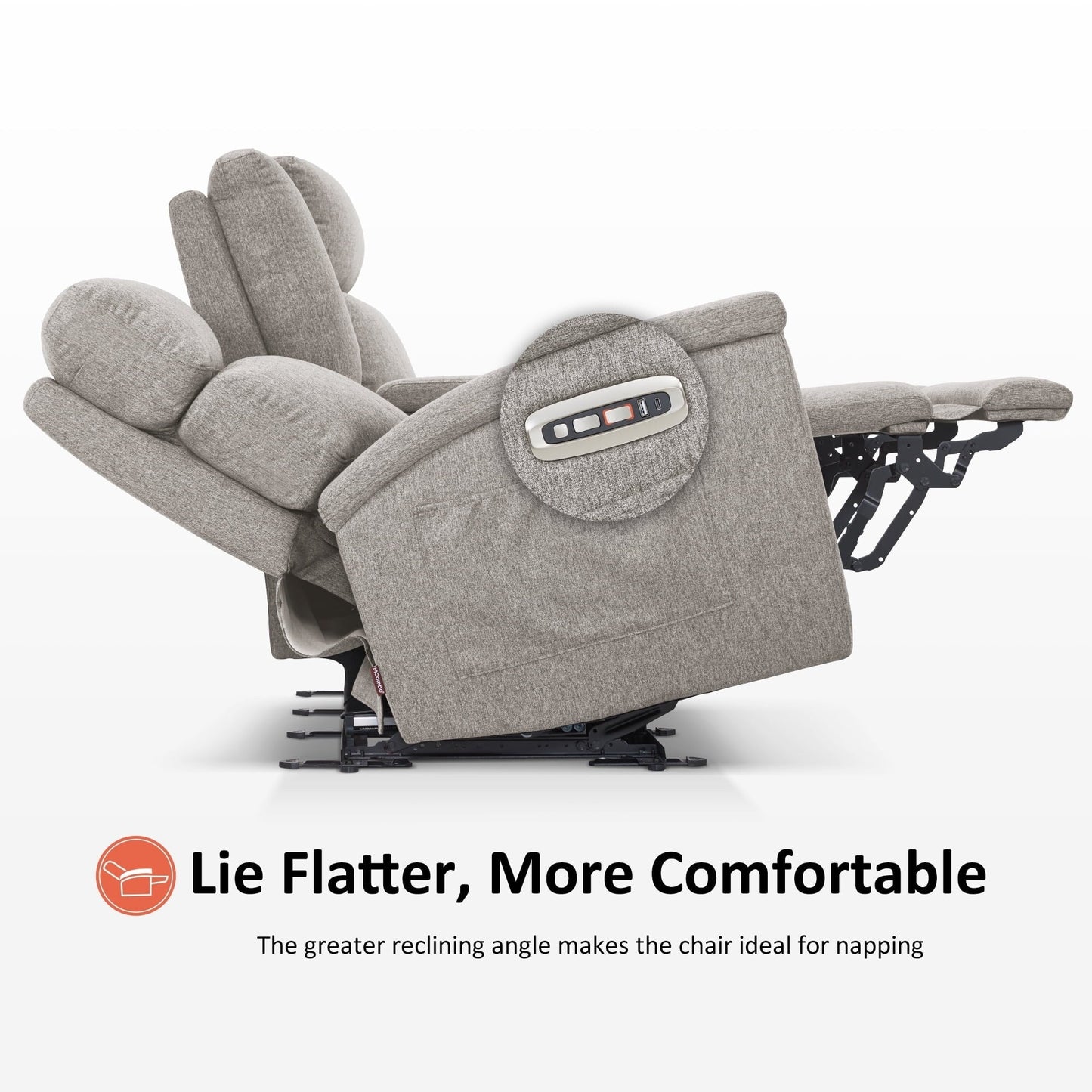 Canapé inclinable électrique MCombo 60.2 avec fonction massage et chauffage double, appui-tête réglable, ports USB et Type C, revêtement en tissu