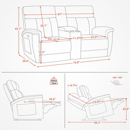 Canapé inclinable électrique MCombo 60.2 avec fonction massage et chauffage double, appui-tête réglable, ports USB et Type C, revêtement en tissu