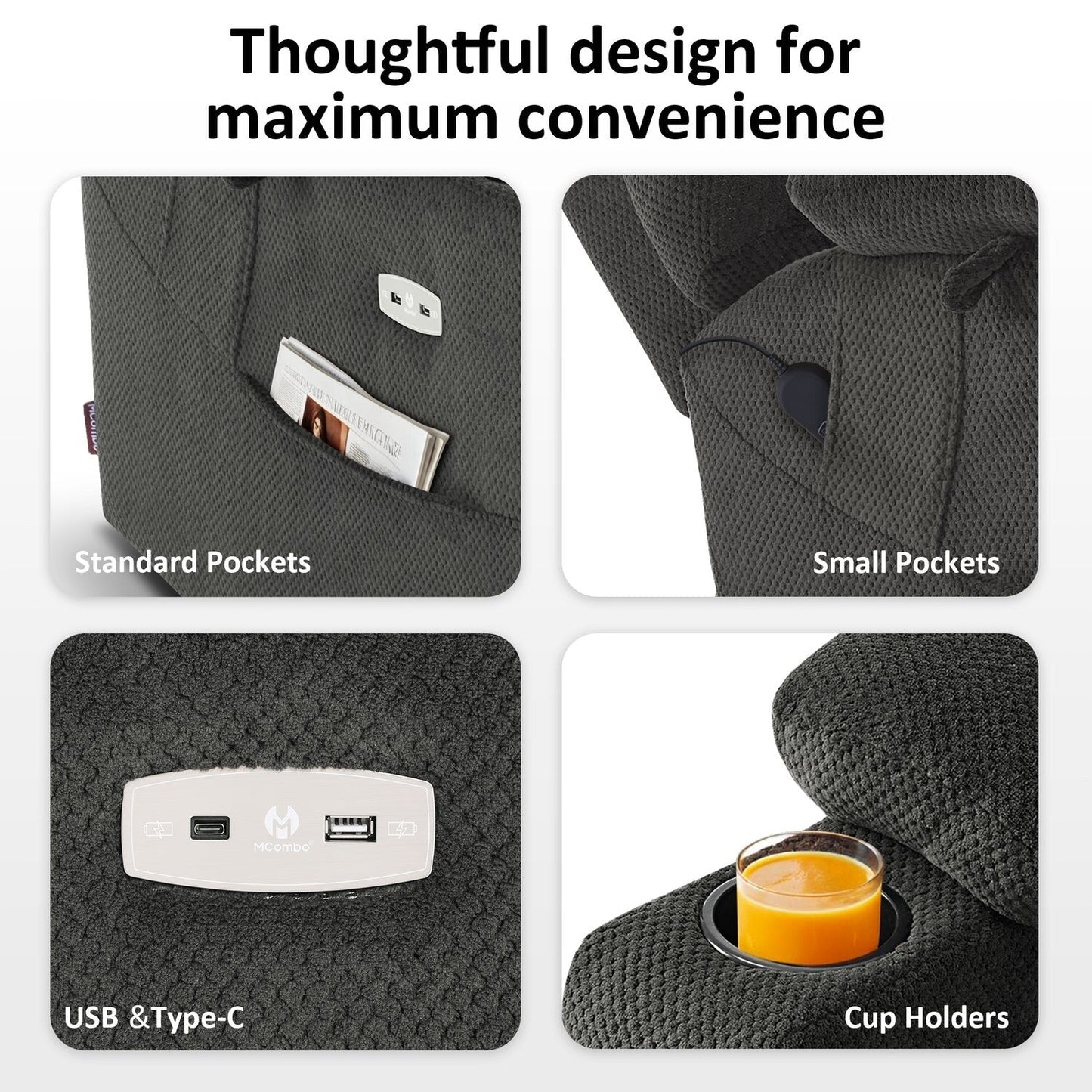 Fauteuil releveur électrique double moteur MCombo grand format avec massage et double chauffage pour personnes âgées de grande taille, tissu R7635