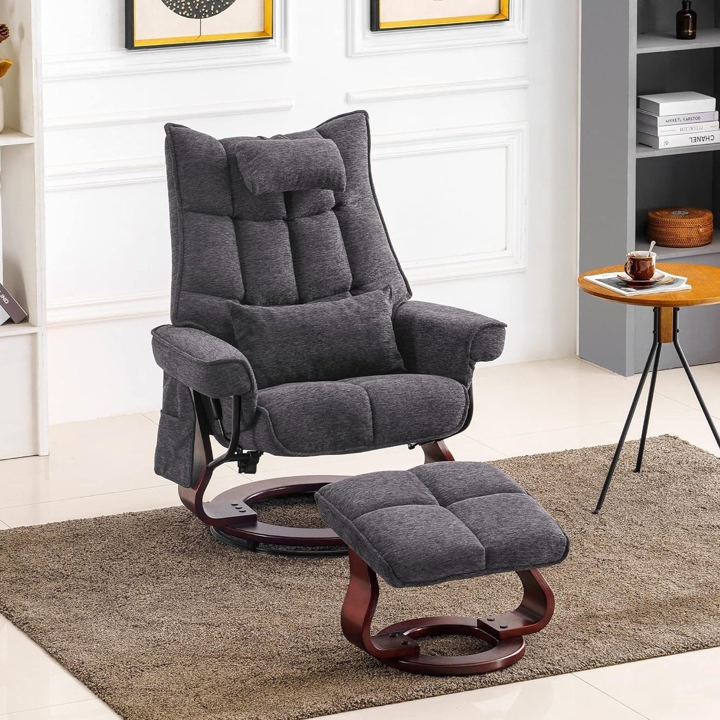 Ensemble MCombo de 2 fauteuils inclinables pivotants avec repose-pieds et coussin cervical, en tissu chenille