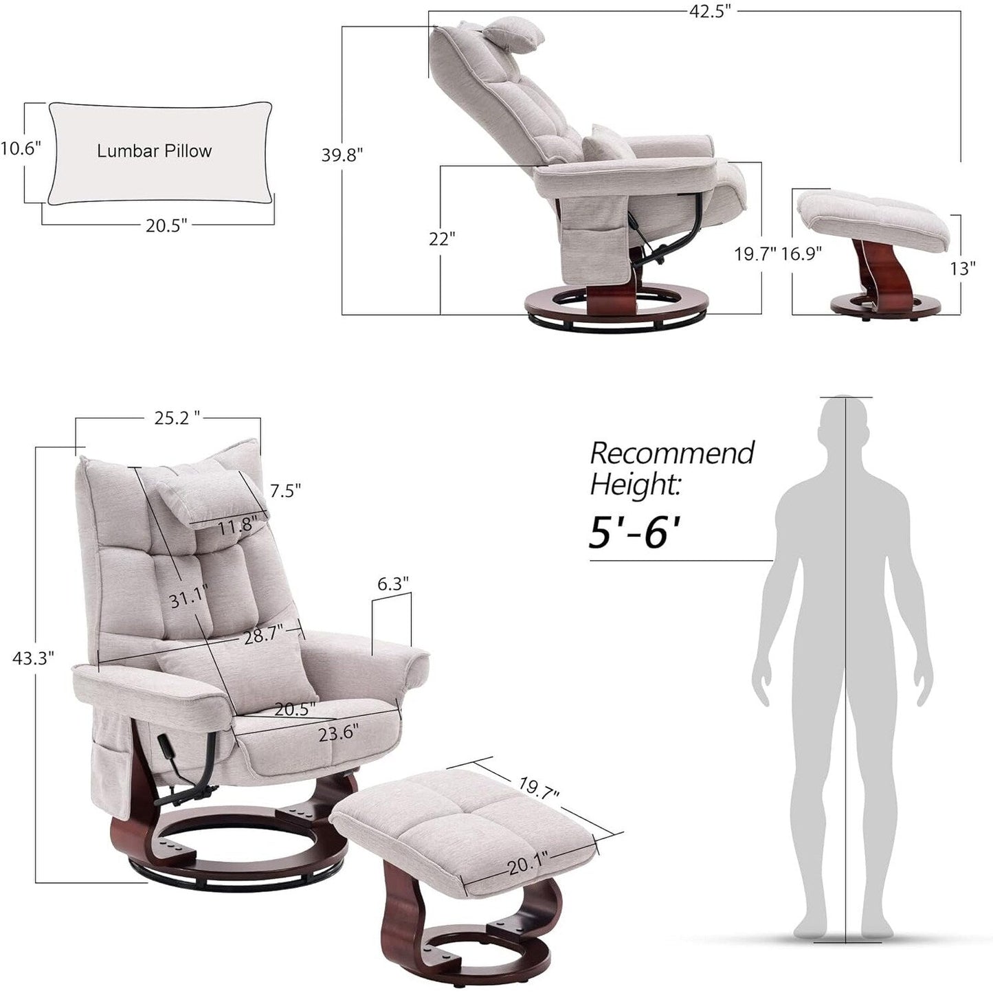 Ensemble MCombo de 2 fauteuils inclinables pivotants avec repose-pieds et coussin cervical, en tissu chenille