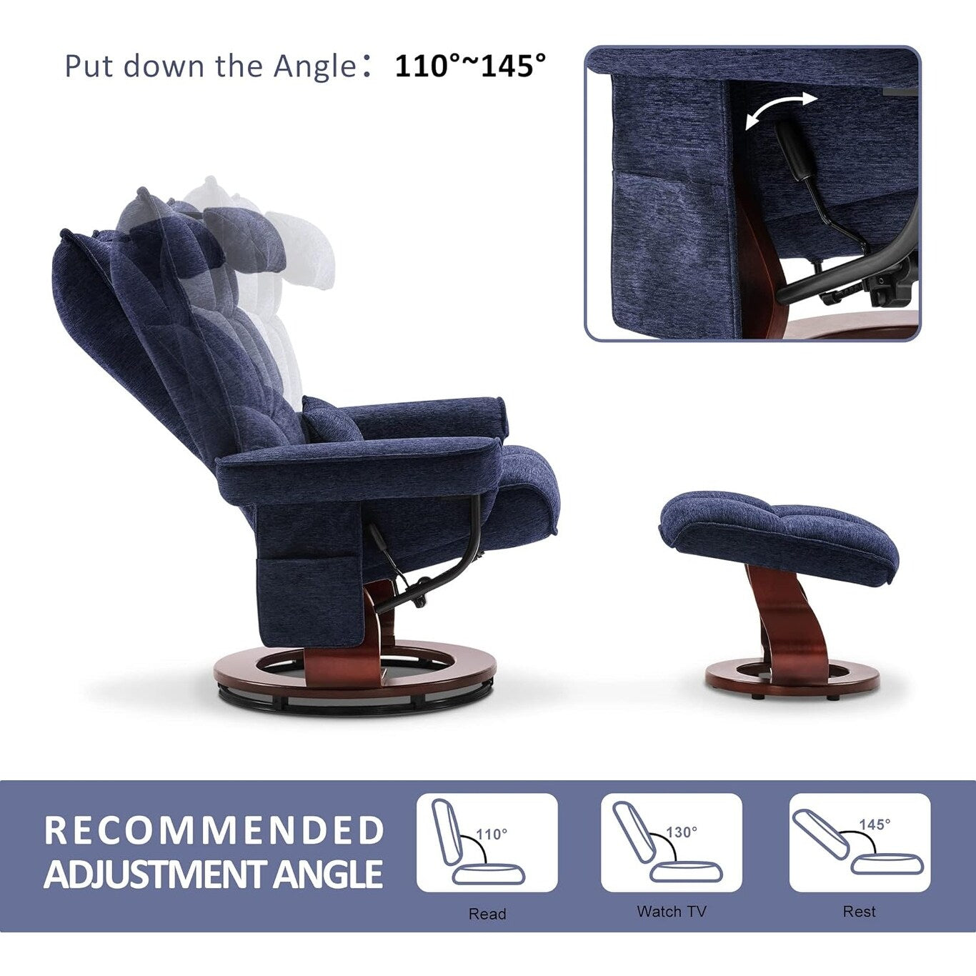 Ensemble MCombo de 2 fauteuils inclinables pivotants avec repose-pieds et coussin cervical, en tissu chenille