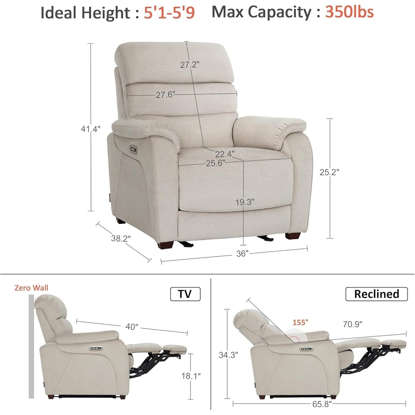 Fauteuil inclinable électrique MCombo Zero Wall-Hugger avec appui-tête réglable, idéal pour les petits espaces et les camping-cars, tissu ST257