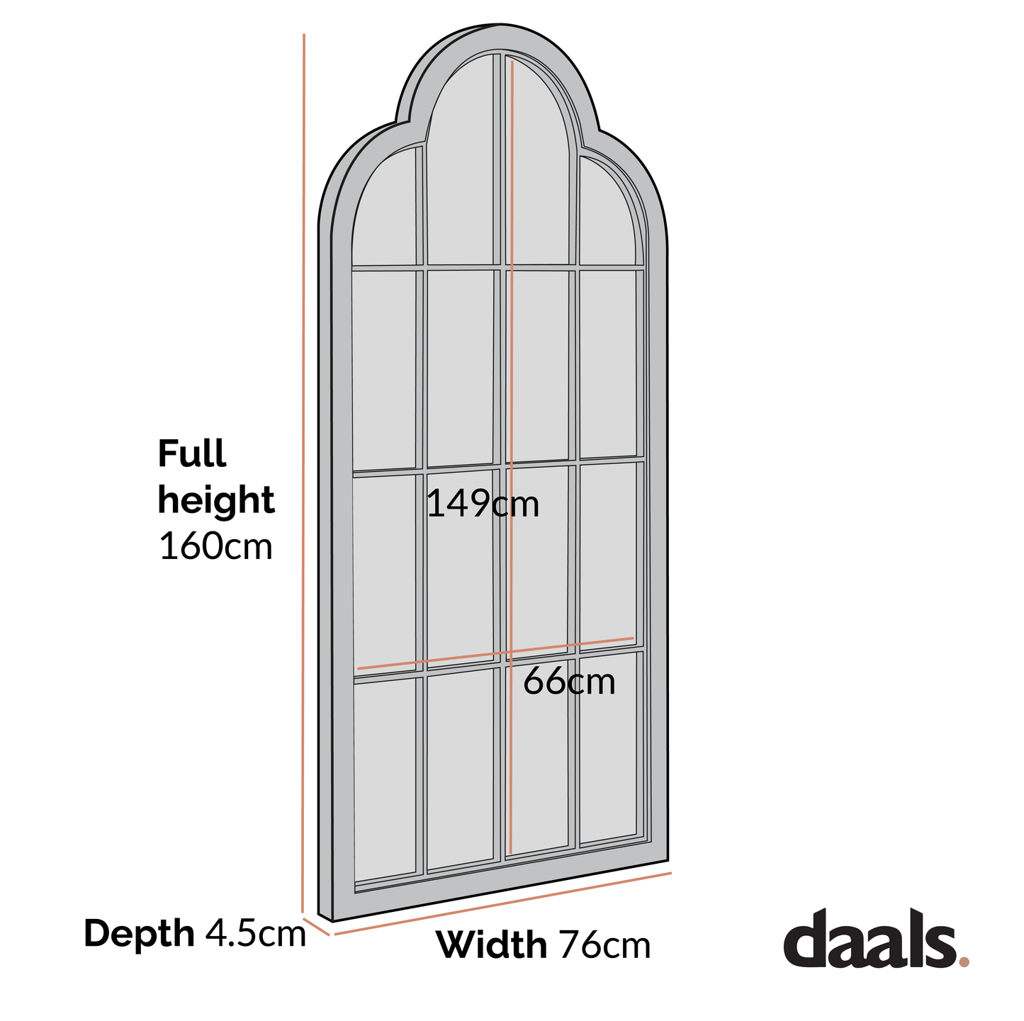 Miroir de fenêtre en bois pleine longueur arqué Southam 160 x 76 cm