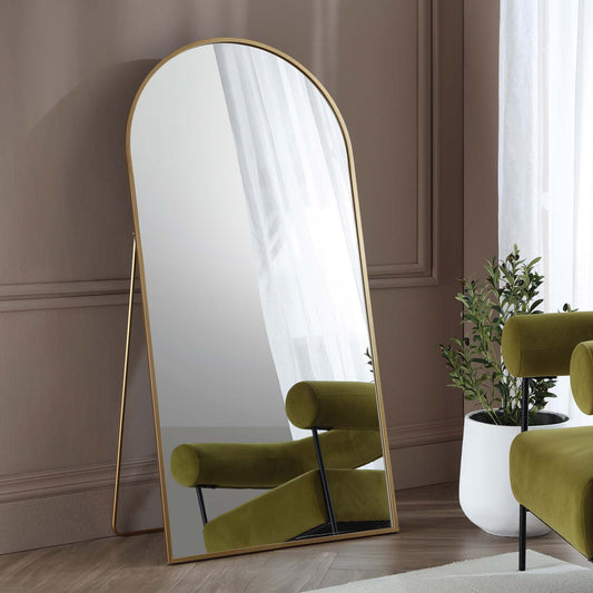 Miroir sur pied Dina, cadre métallique arqué, 160 x 76 cm, effet doré