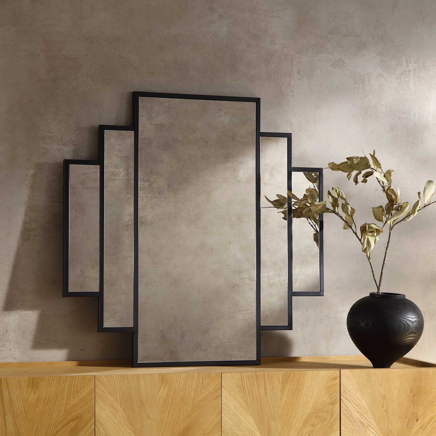 Miroir mural carré Art Déco Sonia avec cadre en métal noir 90 x 90 cm