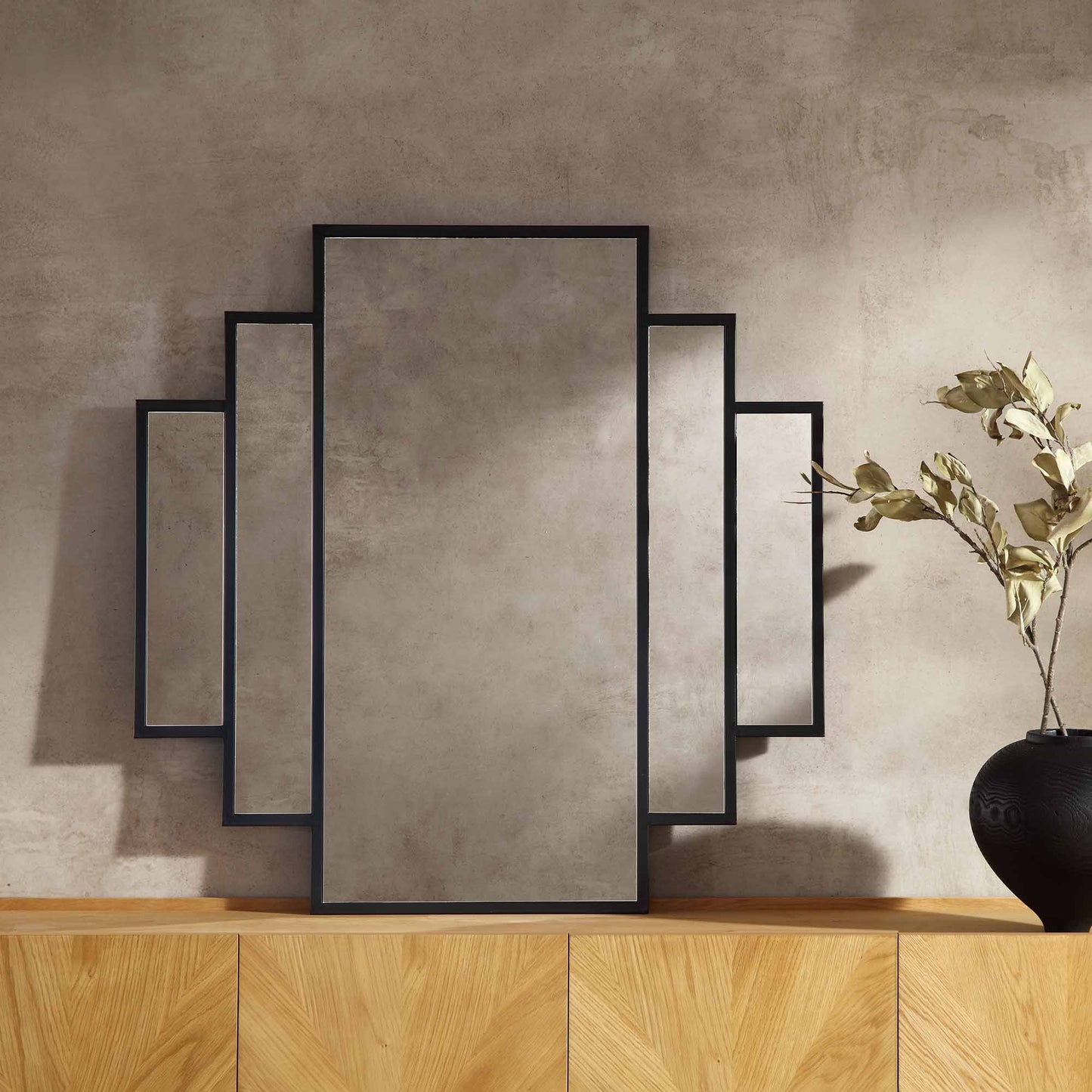 Miroir mural carré Art Déco Sonia avec cadre en métal noir 90 x 90 cm