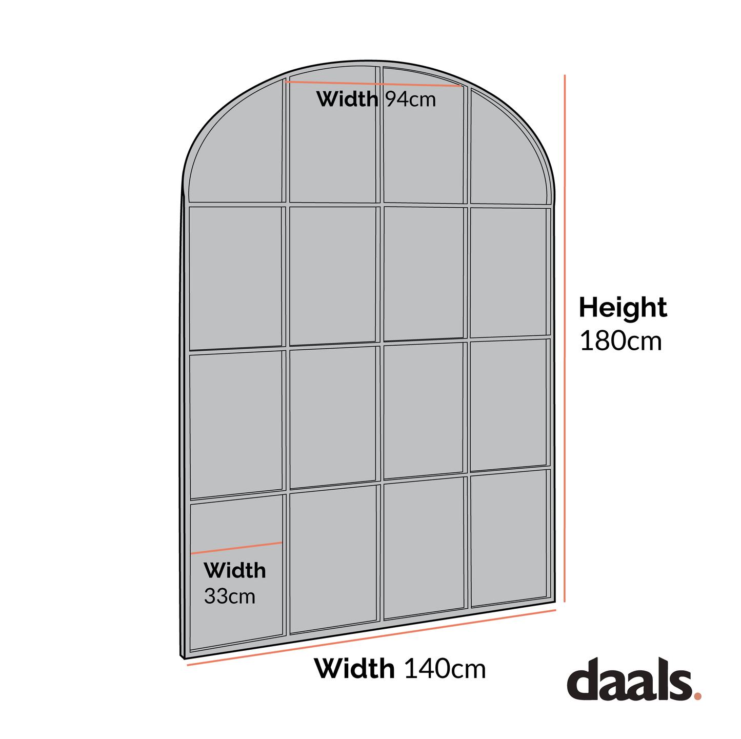 Miroir Portobello arqué pleine longueur avec cadre en métal 180 x 140 cm, noir