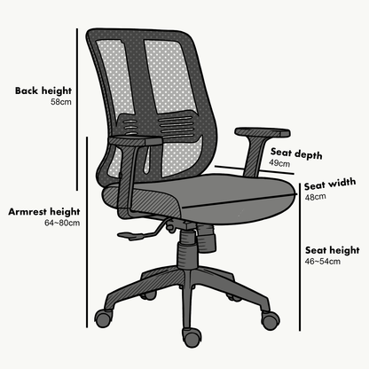 Chaise de bureau pivotante à dossier moyen en maille noire avec inclinaison synchronisée et accoudoirs réglables