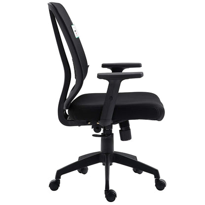 Chaise de bureau pivotante à dossier moyen en maille noire avec inclinaison synchronisée et accoudoirs réglables
