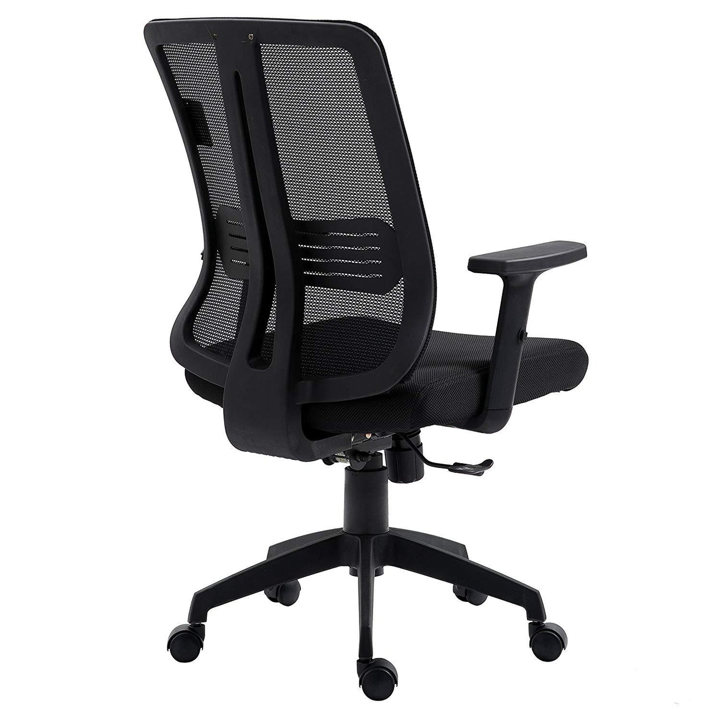 Chaise de bureau pivotante à dossier moyen en maille noire avec inclinaison synchronisée et accoudoirs réglables