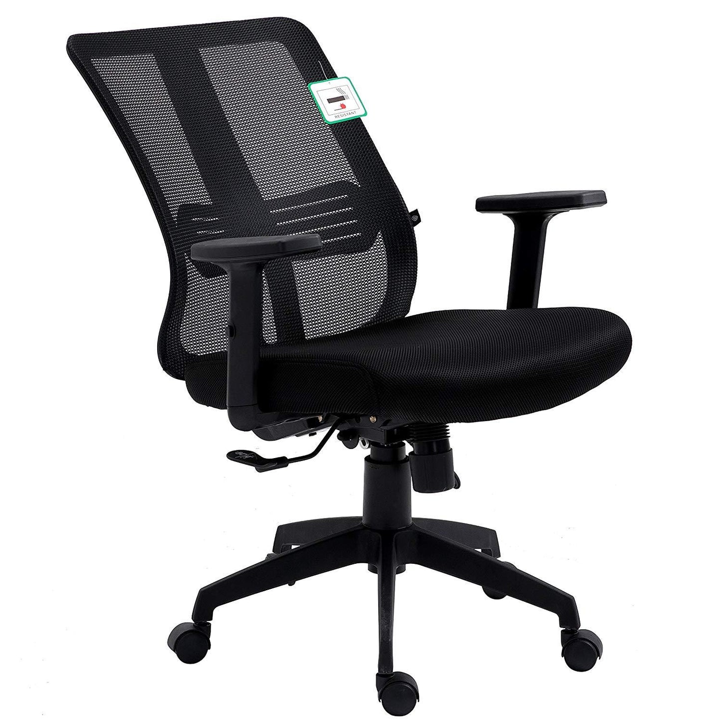 Chaise de bureau pivotante à dossier moyen en maille noire avec inclinaison synchronisée et accoudoirs réglables