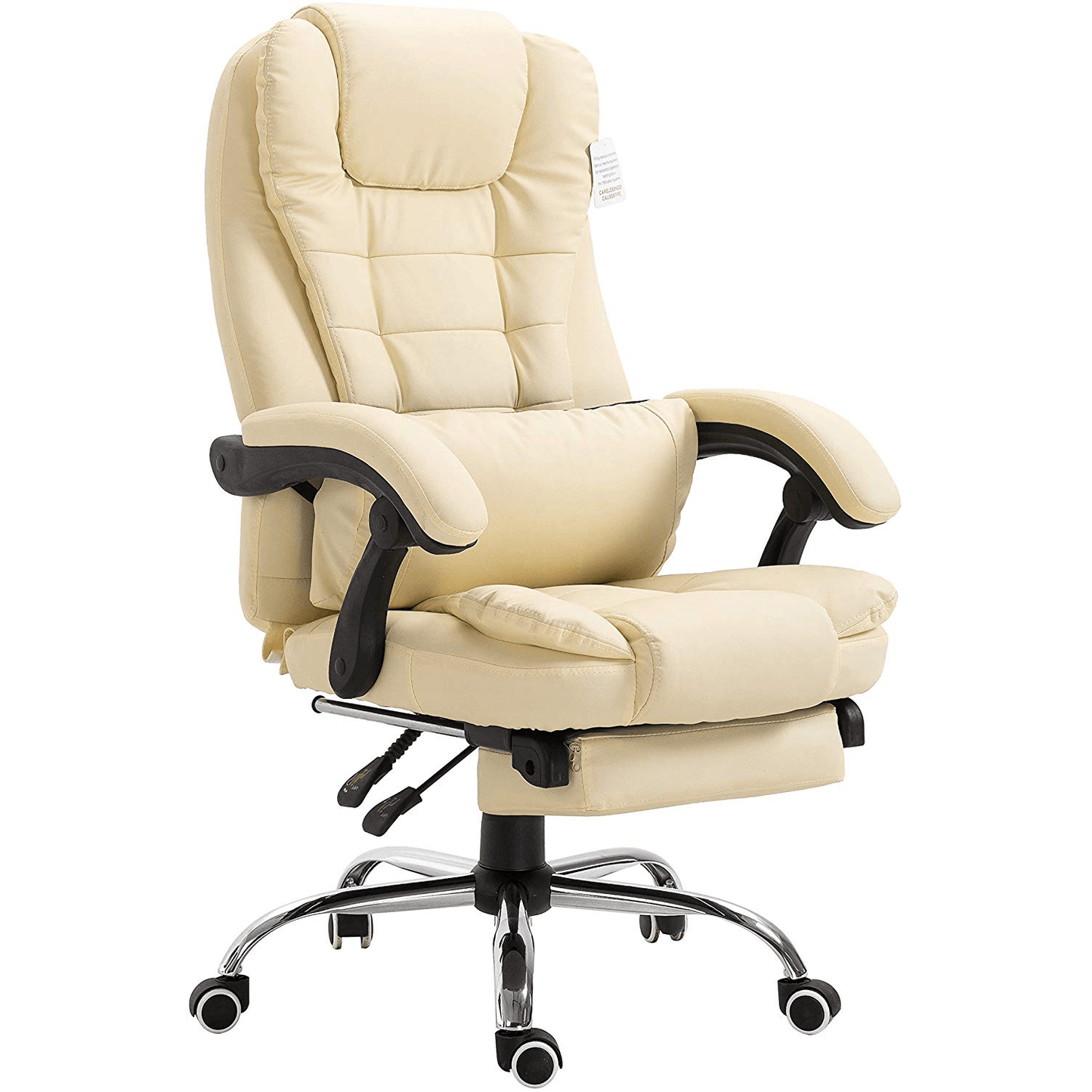 Fauteuil de bureau inclinable avec repose-pieds, appui-tête et coussin lombaire, cuir PU crème
