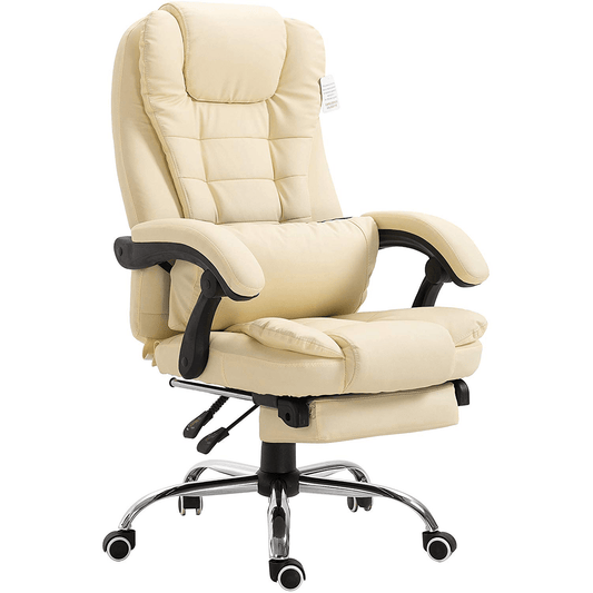 Fauteuil de bureau inclinable avec repose-pieds, appui-tête et coussin lombaire, cuir PU crème