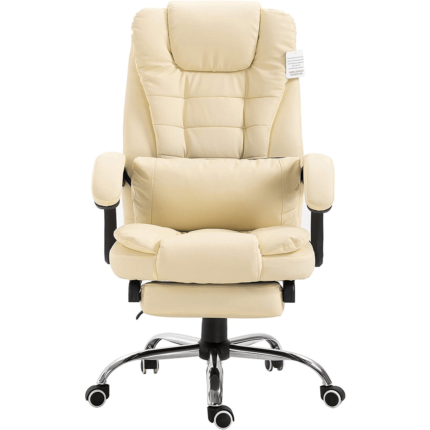 Fauteuil de bureau inclinable avec repose-pieds, appui-tête et coussin lombaire, cuir PU crème