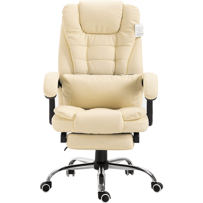 Fauteuil de bureau inclinable avec repose-pieds, appui-tête et coussin lombaire, cuir PU crème
