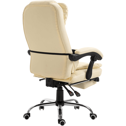 Fauteuil de bureau inclinable avec repose-pieds, appui-tête et coussin lombaire, cuir PU crème