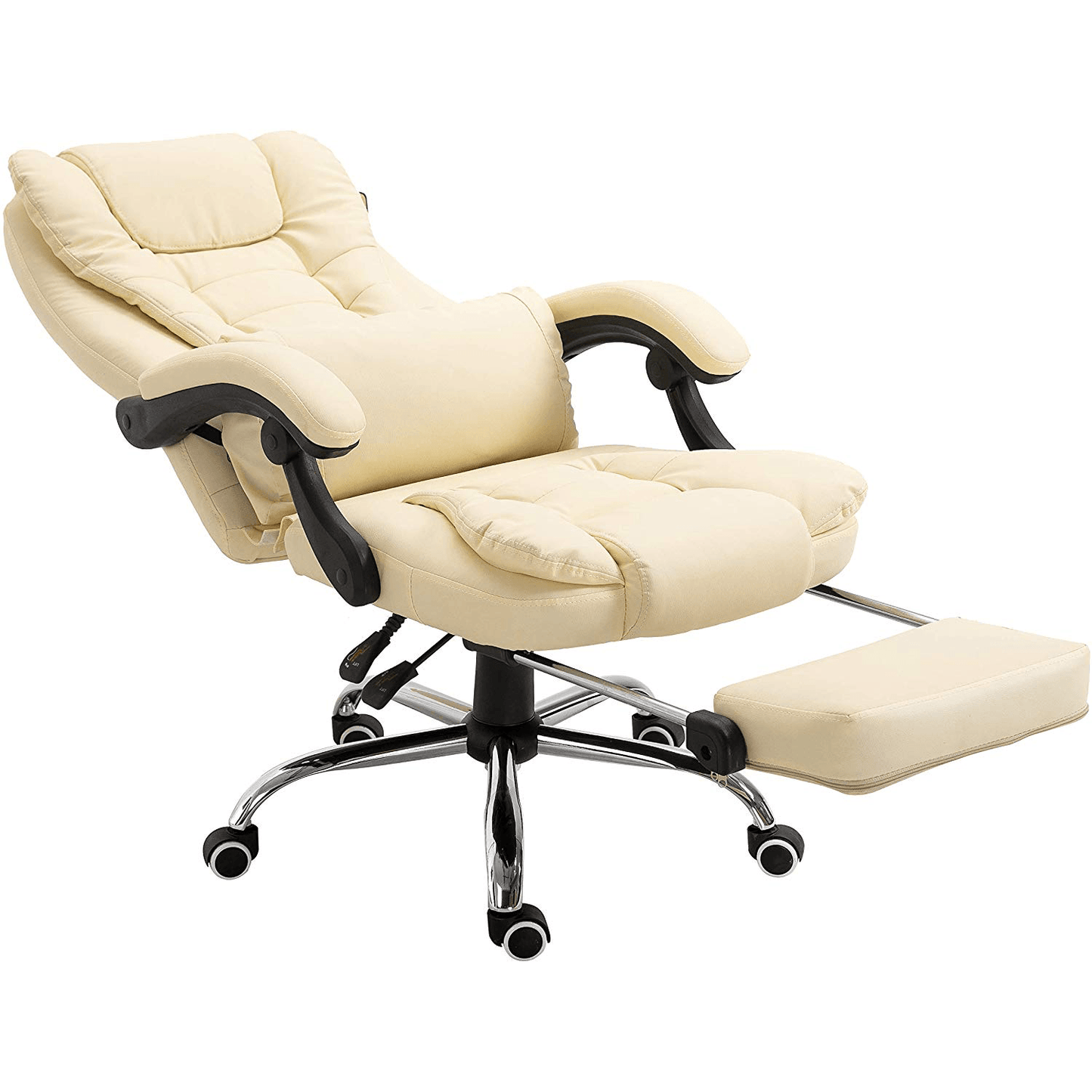 Fauteuil de bureau inclinable avec repose-pieds, appui-tête et coussin lombaire, cuir PU crème