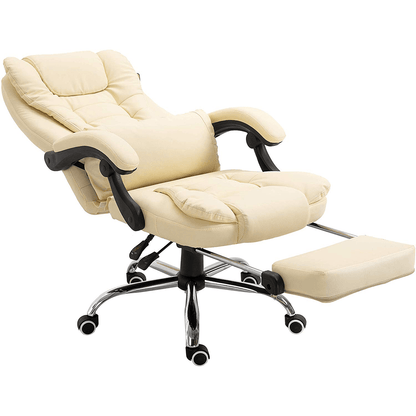 Fauteuil de bureau inclinable avec repose-pieds, appui-tête et coussin lombaire, cuir PU crème