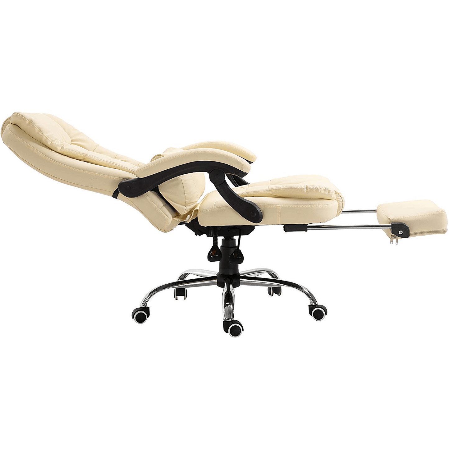 Fauteuil de bureau inclinable avec repose-pieds, appui-tête et coussin lombaire, cuir PU crème