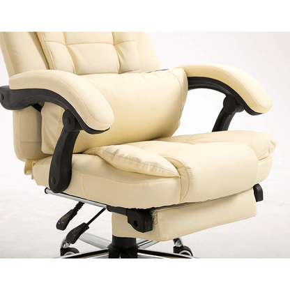Fauteuil de bureau inclinable avec repose-pieds, appui-tête et coussin lombaire, cuir PU crème