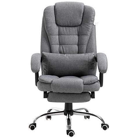 Fauteuil de bureau inclinable avec repose-pieds, appui-tête et coussin lombaire, tissu gris