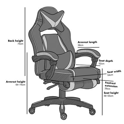 Fauteuil de jeu pivotant inclinable à dossier haut avec repose-pieds et coussin lombaire et de tête réglable, MR49 noir et bleu