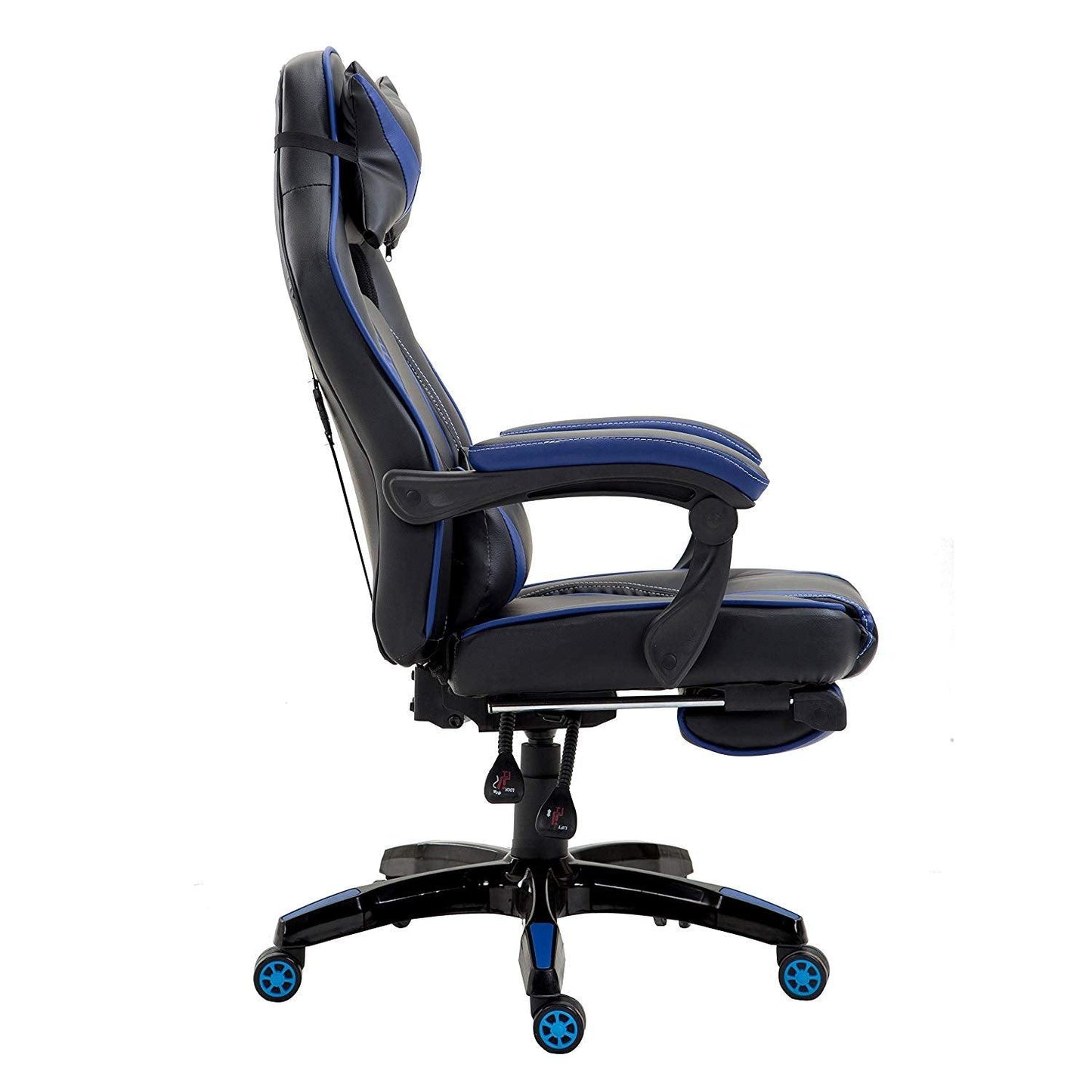 Fauteuil de jeu pivotant inclinable à dossier haut avec repose-pieds et coussin lombaire et de tête réglable, MR49 noir et bleu