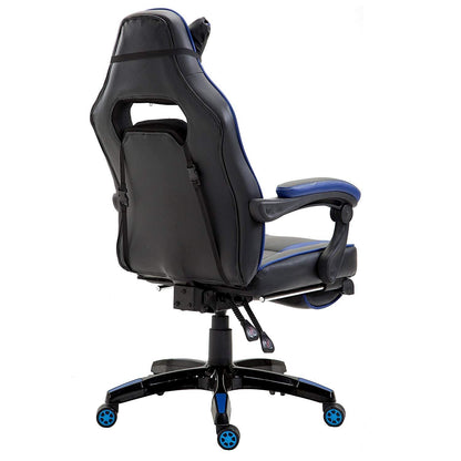 Fauteuil de jeu pivotant inclinable à dossier haut avec repose-pieds et coussin lombaire et de tête réglable, MR49 noir et bleu