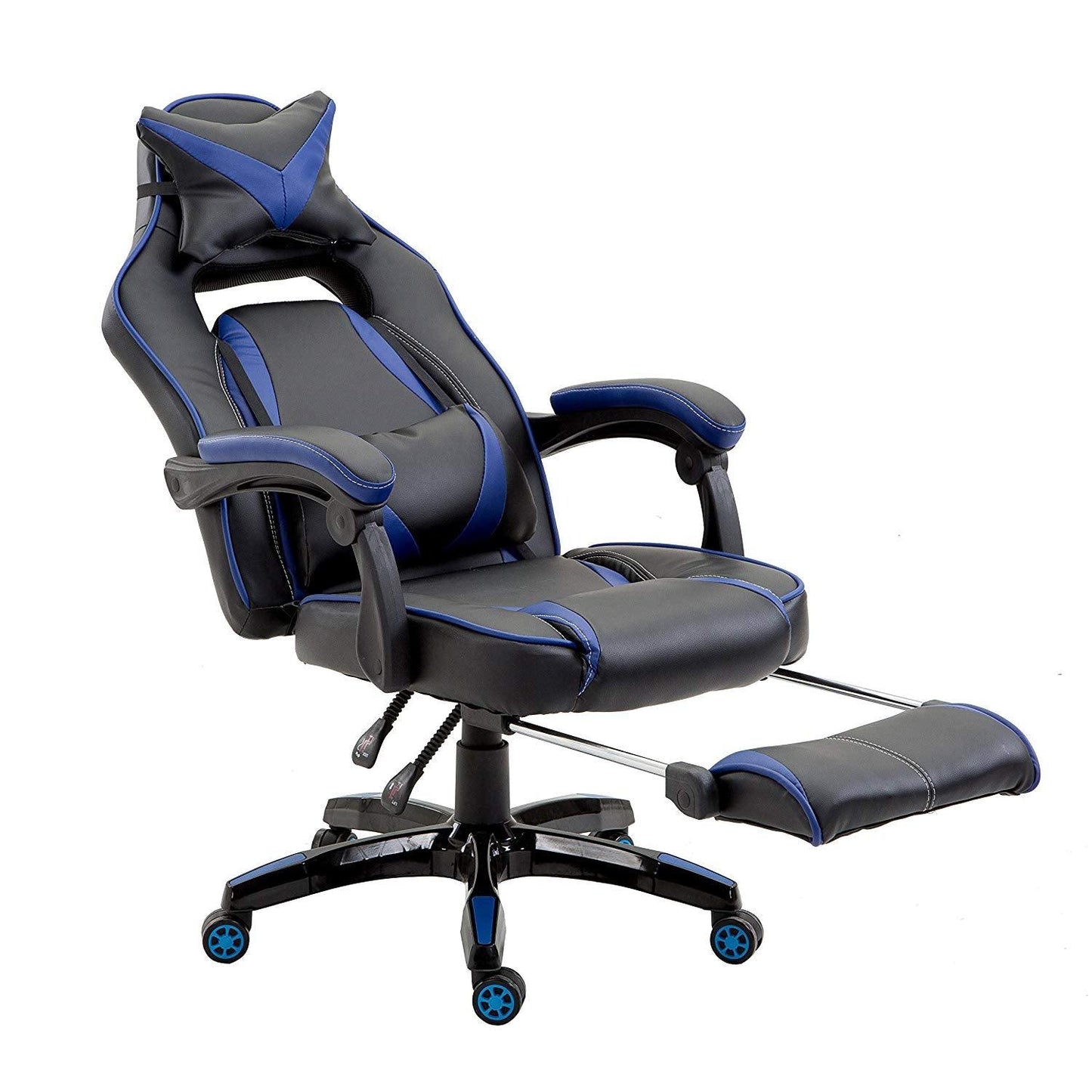 Fauteuil de jeu pivotant inclinable à dossier haut avec repose-pieds et coussin lombaire et de tête réglable, MR49 noir et bleu