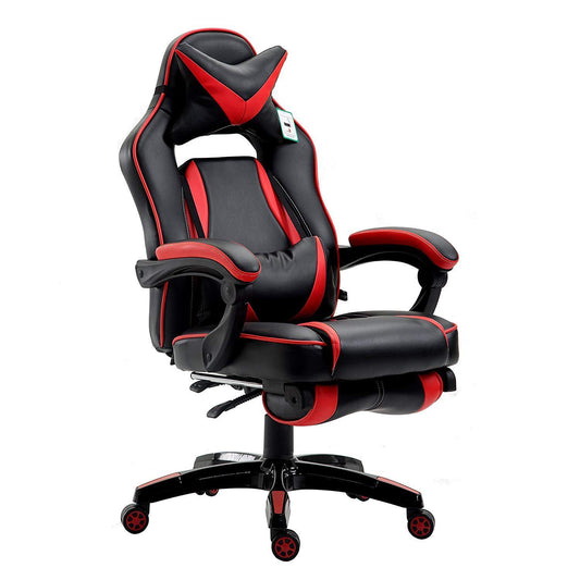 Fauteuil de jeu pivotant inclinable à dossier haut avec repose-pieds et coussin lombaire et de tête réglable, MR49 noir et rouge
