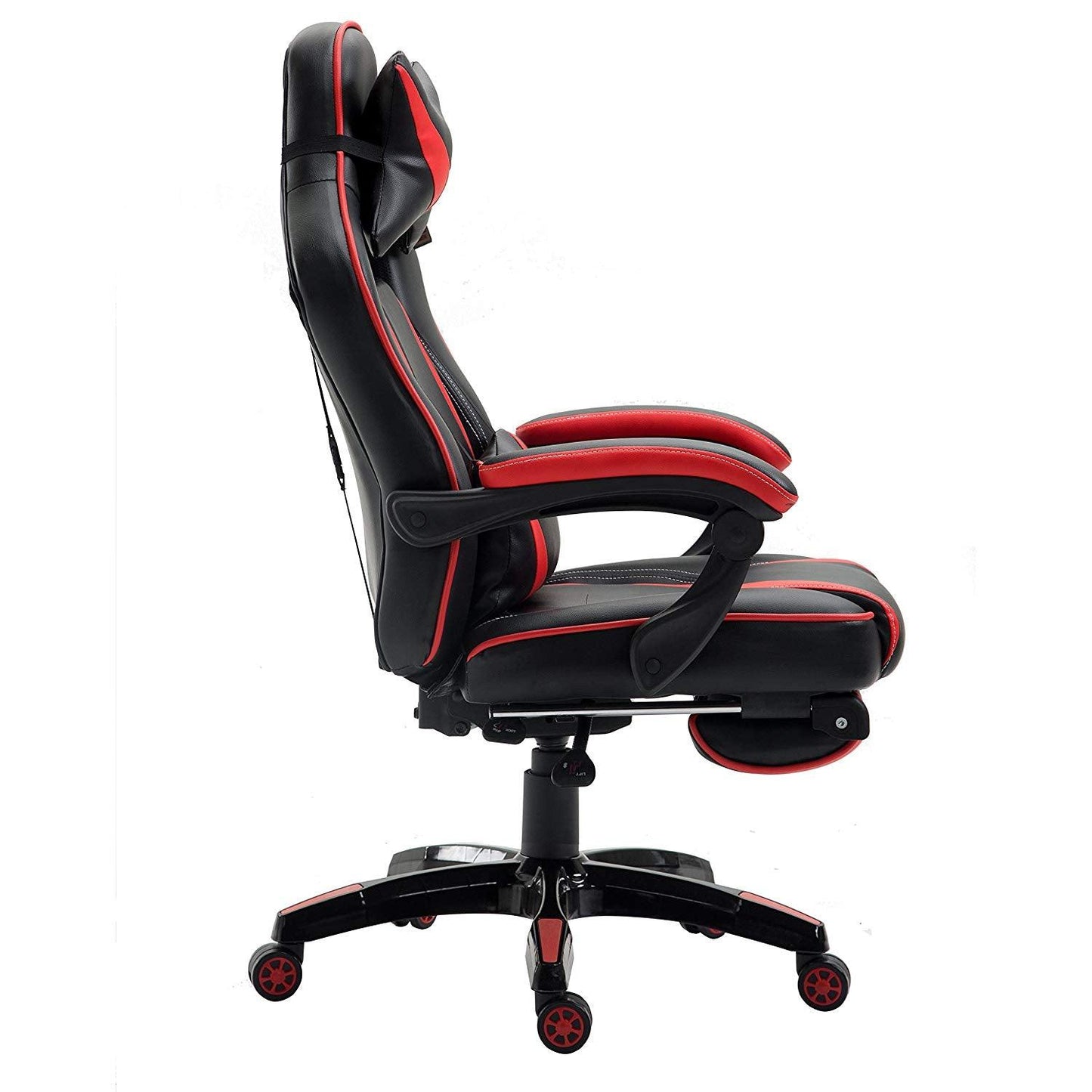 Fauteuil de jeu pivotant inclinable à dossier haut avec repose-pieds et coussin lombaire et de tête réglable, MR49 noir et rouge