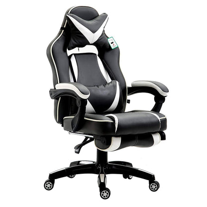 Fauteuil de jeu pivotant inclinable à dossier haut avec repose-pieds et coussin lombaire et de tête réglable, MR49 noir et blanc