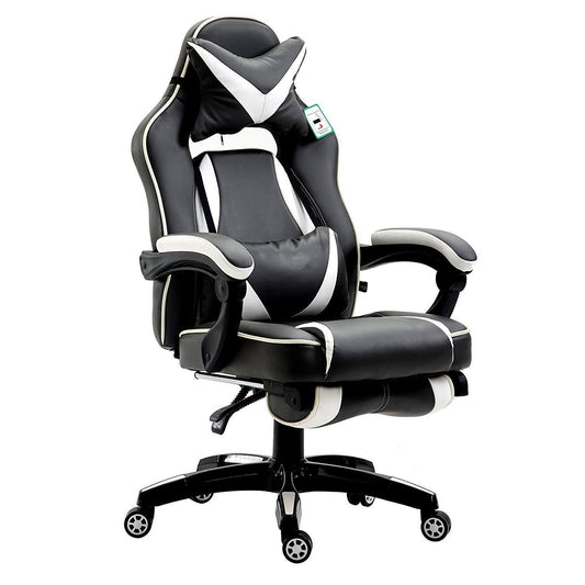Fauteuil de jeu pivotant inclinable à dossier haut avec repose-pieds et coussin lombaire et de tête réglable, MR49 noir et blanc
