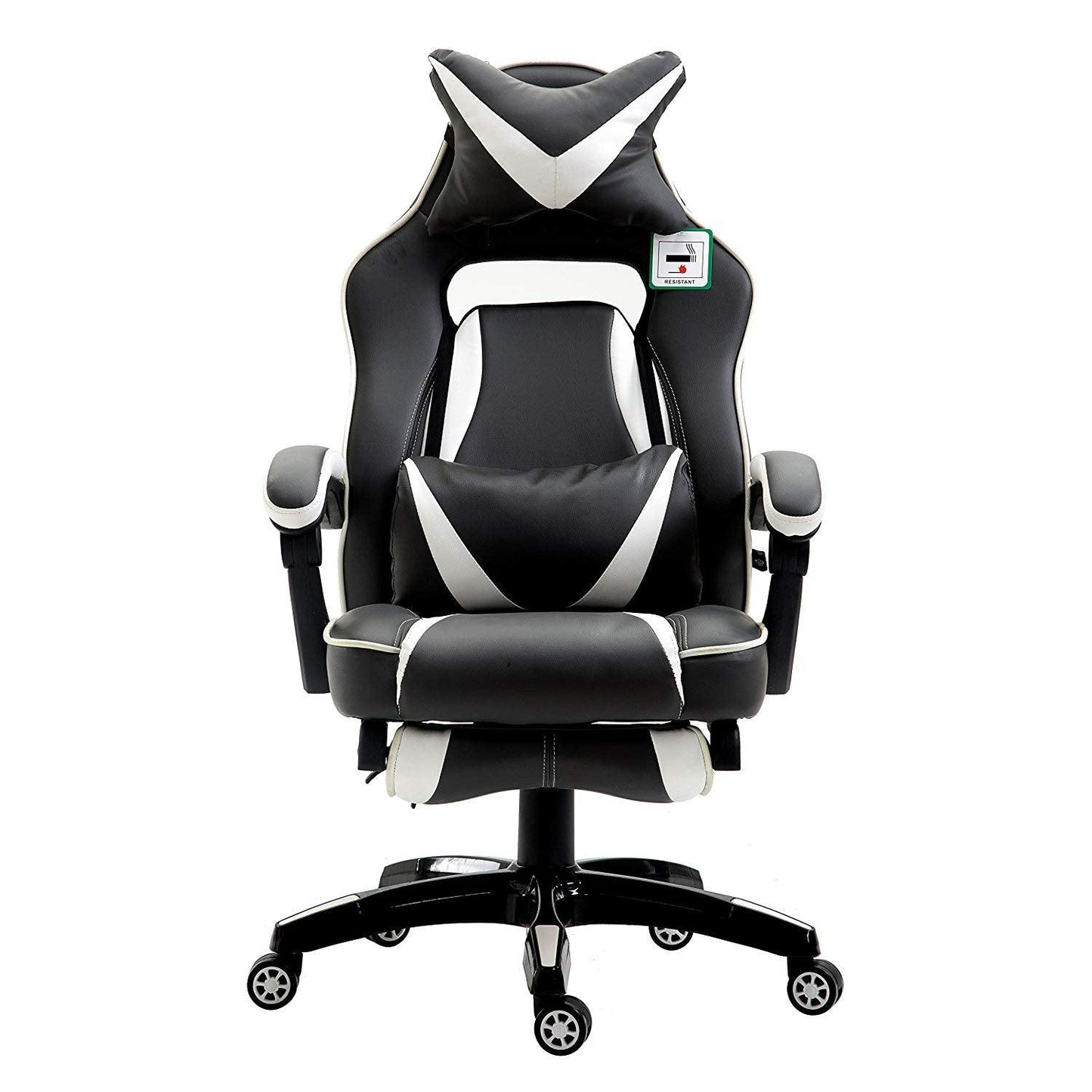 Fauteuil de jeu pivotant inclinable à dossier haut avec repose-pieds et coussin lombaire et de tête réglable, MR49 noir et blanc