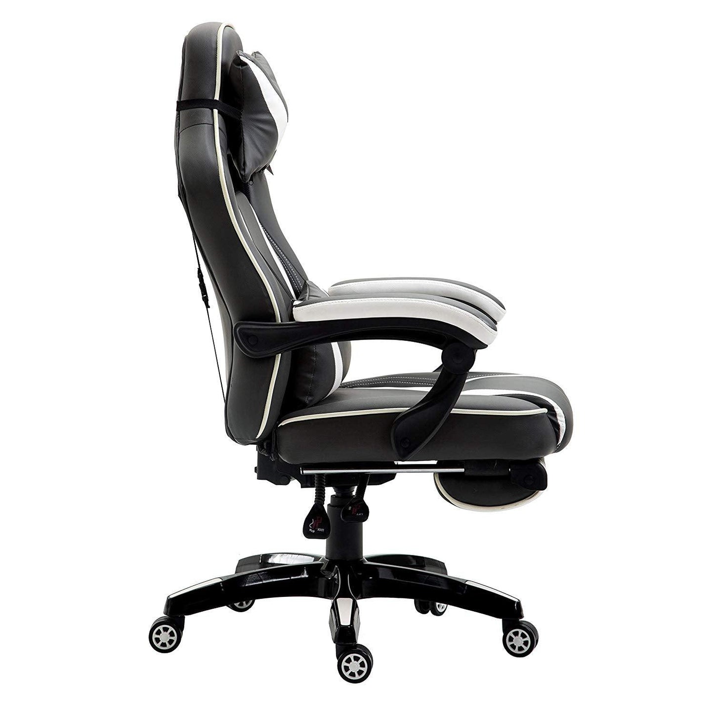 Fauteuil de jeu pivotant inclinable à dossier haut avec repose-pieds et coussin lombaire et de tête réglable, MR49 noir et blanc