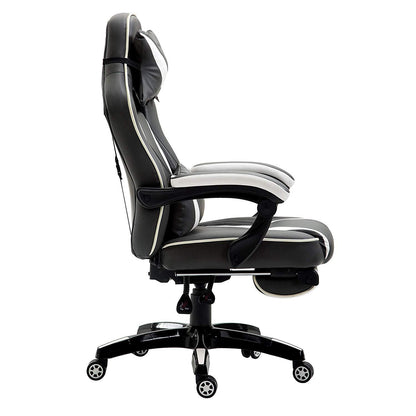 Fauteuil de jeu pivotant inclinable à dossier haut avec repose-pieds et coussin lombaire et de tête réglable, MR49 noir et blanc