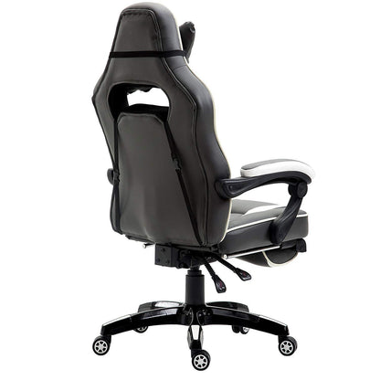 Fauteuil de jeu pivotant inclinable à dossier haut avec repose-pieds et coussin lombaire et de tête réglable, MR49 noir et blanc