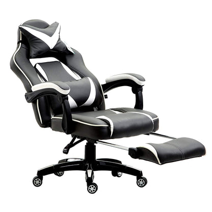 Fauteuil de jeu pivotant inclinable à dossier haut avec repose-pieds et coussin lombaire et de tête réglable, MR49 noir et blanc