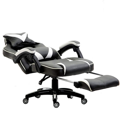 Fauteuil de jeu pivotant inclinable à dossier haut avec repose-pieds et coussin lombaire et de tête réglable, MR49 noir et blanc