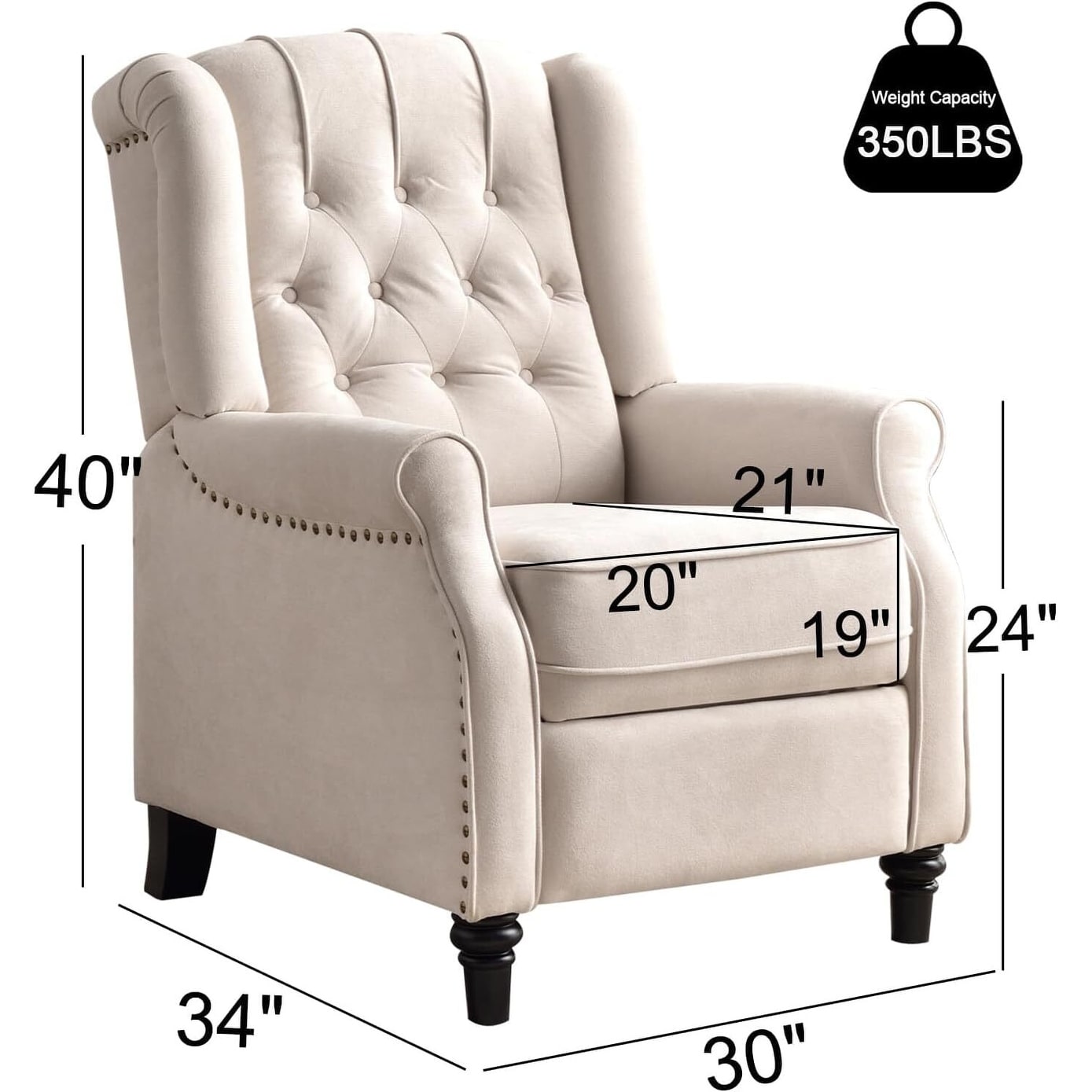 Fauteuil inclinable à dossier inclinable, fauteuil en tissu avec accoudoirs et rivets décoratifs, fauteuil d'appoint pour canapé une place