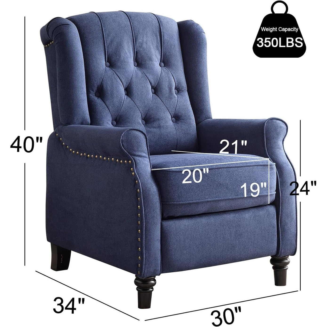 Fauteuil inclinable à dossier inclinable, fauteuil en tissu avec accoudoirs et rivets décoratifs, fauteuil d'appoint pour canapé une place