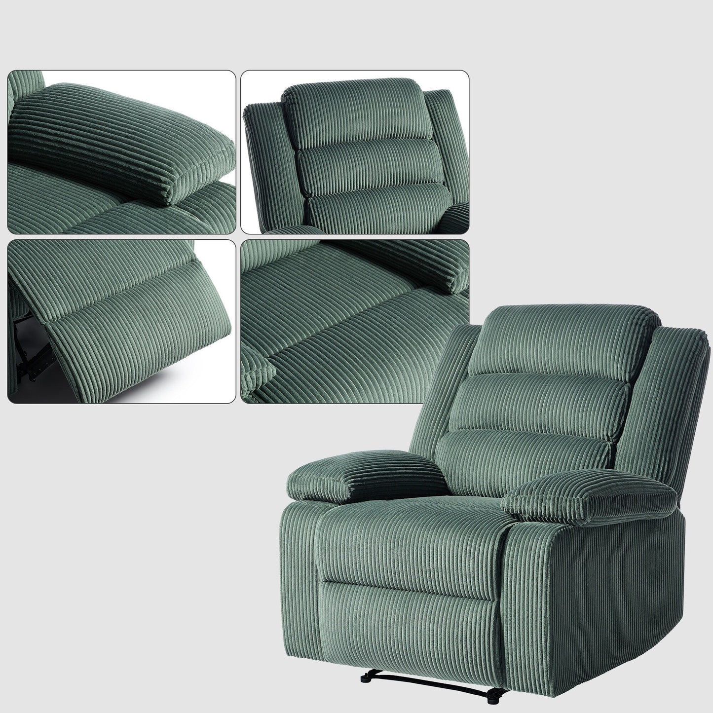 Fauteuil inclinable manuel moderne en velours côtelé, fauteuil inclinable réglable avec larges accoudoirs